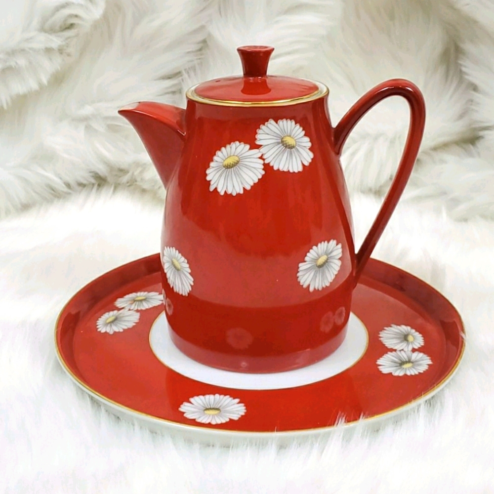 Rare Notitake Nippon Toki Kaisha Red Daisy Pottery Mid-Century Modern Vintage